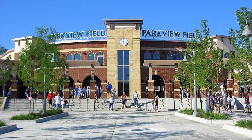 Main entrance to Parkview Field in Downtown Fort Wayne, Indiana, looking northeast from the southwest